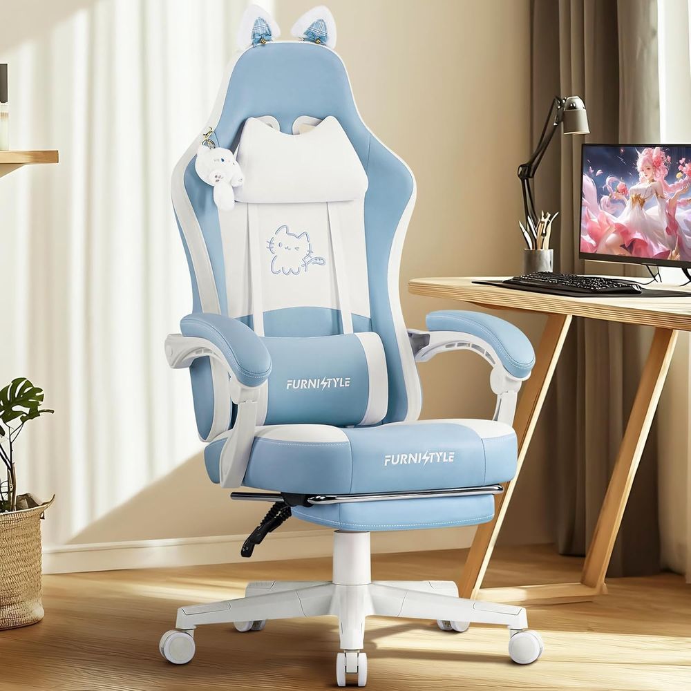 Gaming & Esports District - Ergonomik Mavi/Beyaz Oyuncu Koltuğu, Bel Desteği