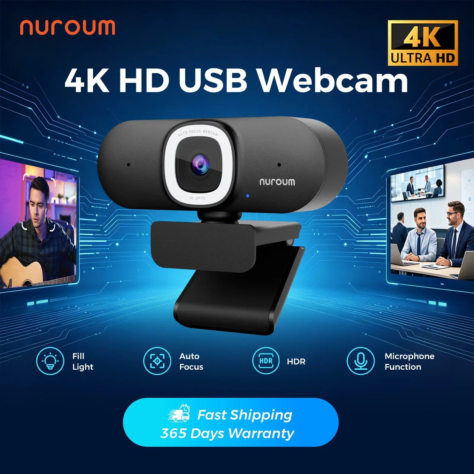 Webcam Ring Light - NUROUM V32AFL 4K mikrofonlu, otomatik odaklamalı,